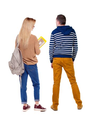 Back view couple in sweater. beautiful man and woman. Rear view people collection. backside view of person. Isolated over white background.の写真素材