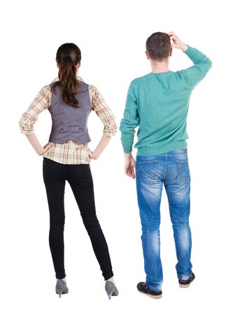 Back view couple in sweater. beautiful man and woman. Rear view people collection. backside view of person. Isolated over white background.の写真素材