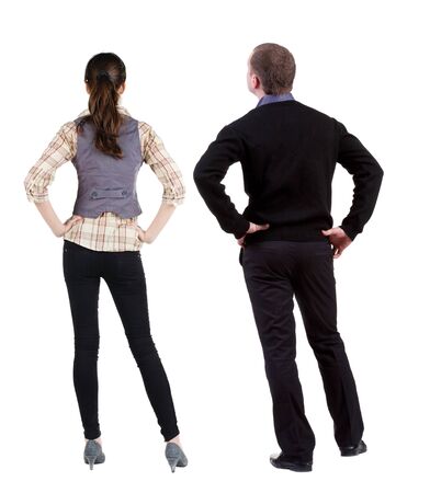 Back view couple in sweater. beautiful man and woman. Rear view people collection. backside view of person. Isolated over white background.の写真素材