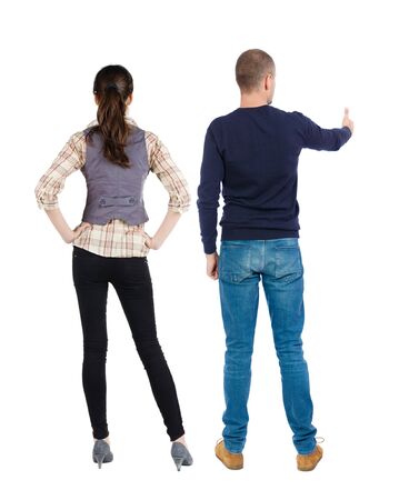 Back view of couple in sweater showing thumbs up. beautiful woman and man together. Rear view people collection. backside view of person. Isolated over white background.の写真素材