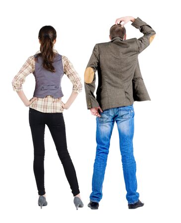 Back view couple in sweater. beautiful man and woman. Rear view people collection. backside view of person. Isolated over white background.の写真素材