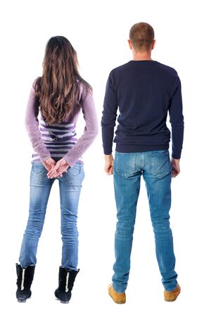 Back view couple in sweater. beautiful man and woman. Rear view people collection. backside view of person. Isolated over white background.の写真素材