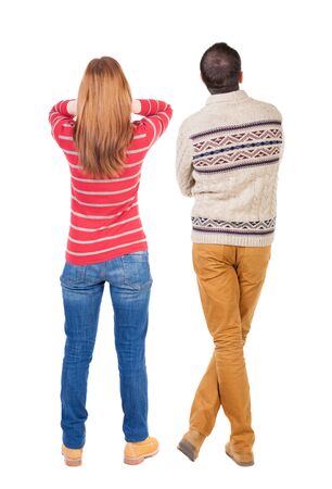 Back view couple in sweater. beautiful man and woman. Rear view people collection. backside view of person. Isolated over white background.の写真素材