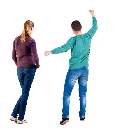 Back view couple in sweater. beautiful man and woman. Rear view people collection. backside view of person. Isolated over white background.の写真素材