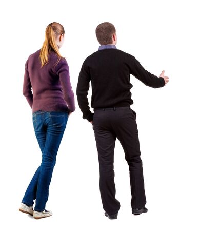 Back view couple in sweater. beautiful man and woman. Rear view people collection. backside view of person. Isolated over white background.の写真素材