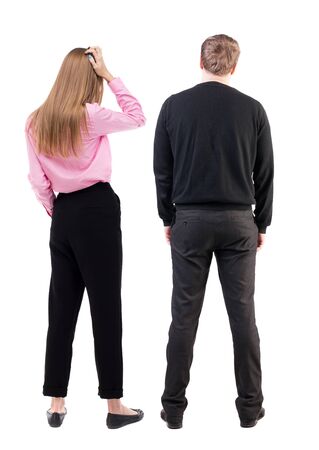 Back view of  business woman and business man in suit. Business team.  Rear view people collection. backside view of person. Isolated over white background.の写真素材
