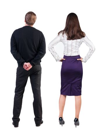 Back view of business woman and business man in suit. Business team. Rear view people collection. backside view of person. Isolated over white background.の写真素材