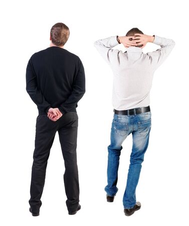 Back view of two business man in suit. Business team. Rear view people collection. backside view of person. Isolated over white background.の写真素材