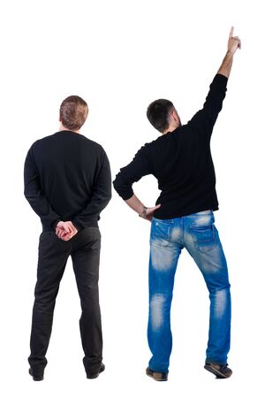 Back view of business man and business woman in suit pointing. Business team. Rear view people collection. backside view of person. Isolated over white background.の写真素材