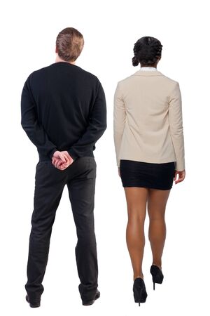 Back view of business woman and business man in suit. Business team. Rear view people collection. backside view of person. Isolated over white background.の写真素材