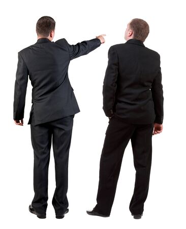 Back view of business man and business woman in suit pointing. Business team. Rear view people collection. backside view of person. Isolated over white background.の写真素材