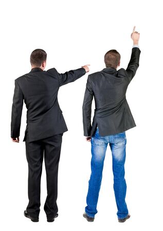 Back view of business man and business woman in suit pointing. Business team. Rear view people collection. backside view of person. Isolated over white background.の写真素材
