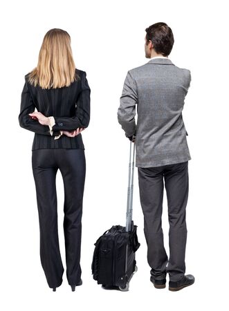 Back view of business women and business men in suit pointing. Business team. traveling with suitcas. Back view. Rear view people collection. backside view of person. Isolated over white background.の写真素材