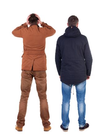Back view of couple in winter jacket. beautiful friendly girl and guy together. Rear view people collection. backside view of person. Isolated over white background.の写真素材