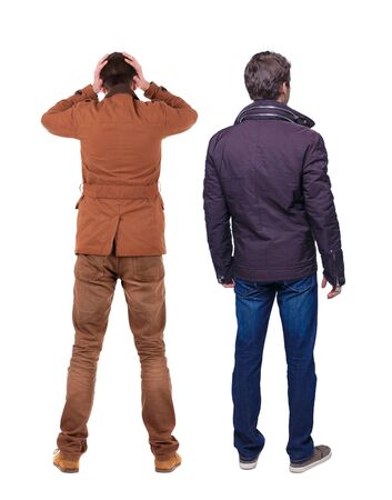 Back view of couple in winter jacket. beautiful friendly girl and guy together. Rear view people collection. backside view of person. Isolated over white background.の写真素材