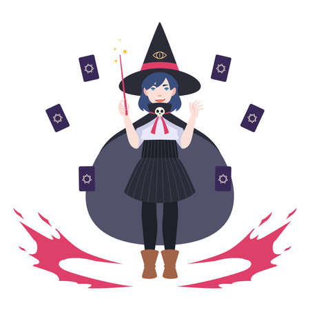 witch girl playing magical cardsのイラスト素材