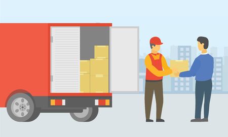 courier deliver goods to people using truck with city as background - vectorのイラスト素材