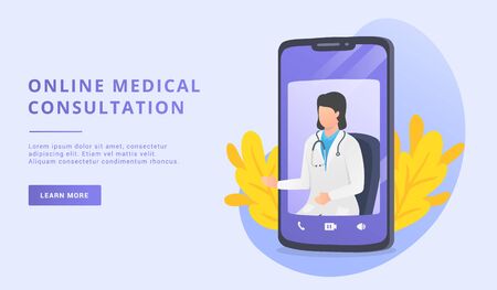 online medical consultation with female doctor for website template or landing homepage - vector graphicのイラスト素材