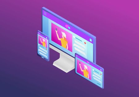 rwd responsive website design development with various screen size and isometric style vectorのイラスト素材