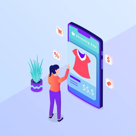 online shopping choose product ecommerce woman clothes on smartphone with isometric style vectorのイラスト素材