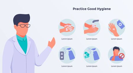 doctor give some advice on practice good hygiene concept with icons cleaning illustration vectorのイラスト素材