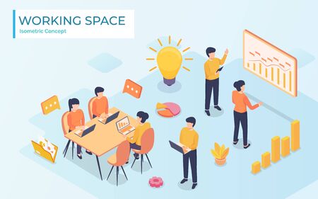 Concept of the working center. Business meeting. People talking and working at the computers in the open space office.のイラスト素材
