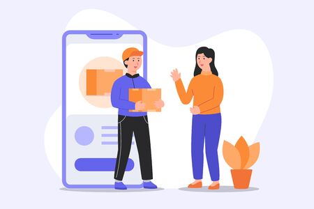 Customer very happy receive package order through smartphone application delivery by courier modern flat cartoon style vector illustration.のイラスト素材