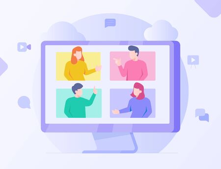 Business web meeting video conference woman and mans discussion internet technology with modern flat cartoon style vector designのイラスト素材