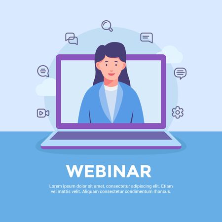 webinar website learning education online with woman or female teaching course on laptop screen with modern flat styleのイラスト素材