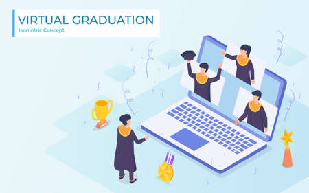 Virtual graduation video conference use laptop university college high school student ceremony wearing toga from home virus corona pandemic impact.flat cartoon style vector design.