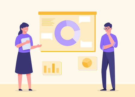 man and woman discussion with graph and chart data business analysis on board with modern flat style - vectorのイラスト素材