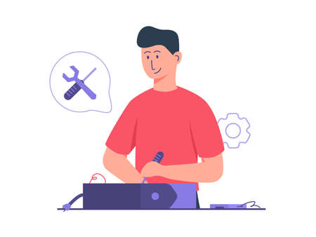 Man technician work computer repair use screwdriver and wrench with flat cartoon style vector designのイラスト素材