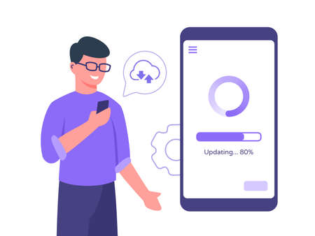 Guy character wear glasses holding smart phone update process mobile app connected to cloud with flat cartoon style vector designのイラスト素材