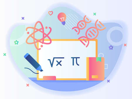 Write formula on white board background of science icon set atom dna genome with flat style vector design.のイラスト素材