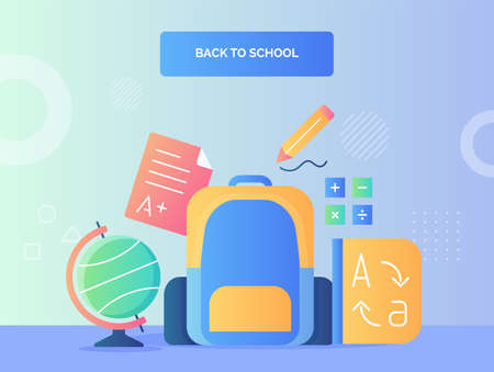 Backpack in combination yellow blue color background of globe dictionary calculate pencil back to...