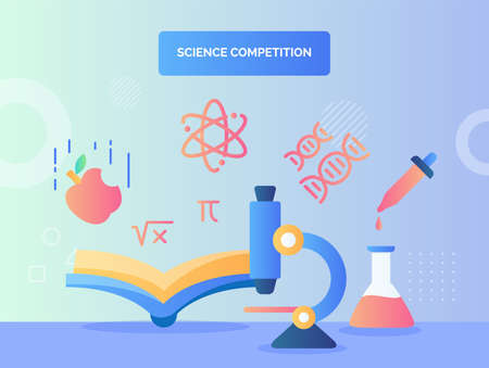Microscope in front open book pipette tube chemical background of dna atom icon apple bitten fall...