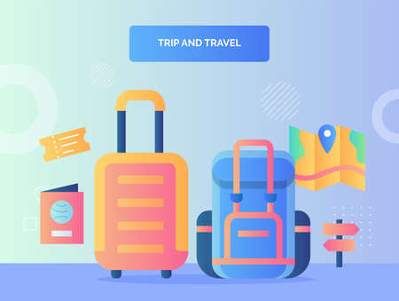 rip and travel concept suitcase backpack backgroound of passport ticket map brochure signpost with flat styleのイラスト素材