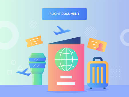 Passport ticket identity background of suitcase airnav tower plane flight document concept with flat style.のイラスト素材