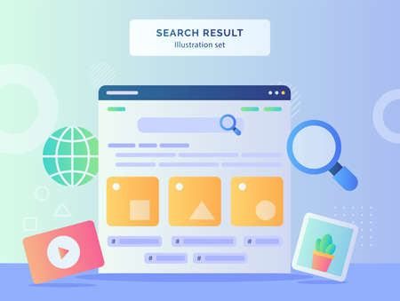Search result illustration set user interface in monitor computer background of video picture globe...