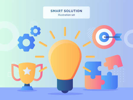 mart solution illustration set bright bulb background of puzzle trophy gear target goal with flat style.のイラスト素材