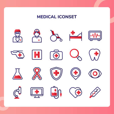 Medical icon set doctor nurse bed helicopter dentistry ophthalmology microscope transfusion with flat outline style.のイラスト素材