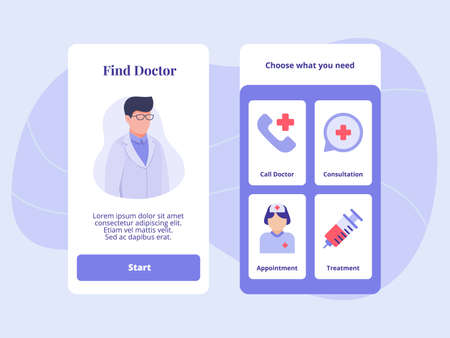 Find doctor call consultation appointment treatment for mobile apps template banner page UI with two variations modern flat color style.のイラスト素材
