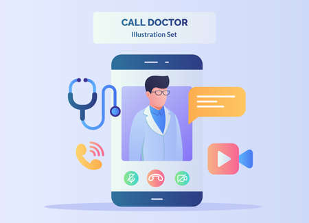 Call doctor illustration set doctor on display smartphone screen background of stethoscope telephone camera bubble talk with flat color styleのイラスト素材