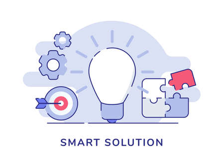 Smart solution bulb bright background of gear target puzzle with flat outline styleのイラスト素材