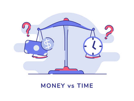 Money vs time money dollar clock on scale with flat outline styleのイラスト素材