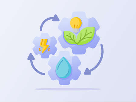 Clean energy cycle concept droplet water lightning leaf bulb lighting gear white isolated background with flat styleのイラスト素材