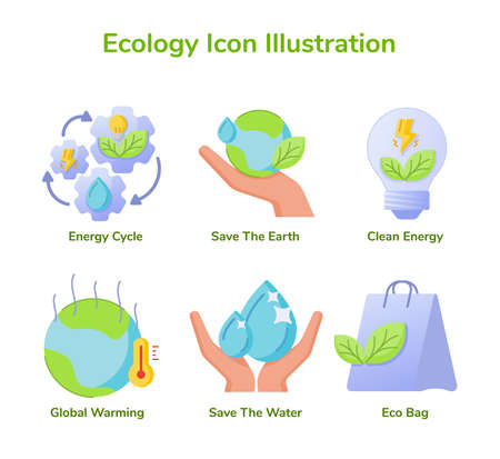 Ecology icon set collection energy cycle save earth clean energy global warming save water eco bag white isolated background with flat styleのイラスト素材