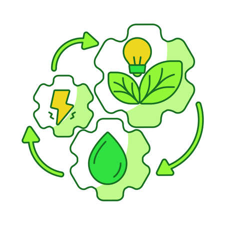Clean energy cycle concept gear lightning light bulb leaf water drop white isolated background with green theme flat outline styleのイラスト素材