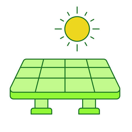 Solar power concept solar cell panel sun white isolated background with green theme flat outline styleのイラスト素材