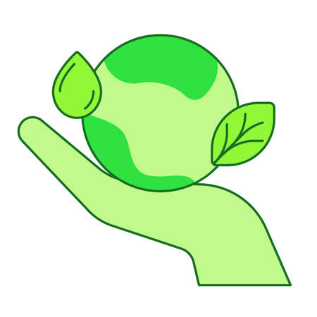 Save the earth concept hand hold earth leaf drop water white isolated background with green theme flat outline styleのイラスト素材